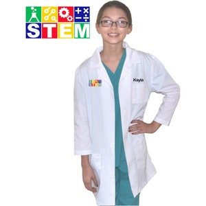 May include: White lab coat with a colorful STEM logo and the name Kayla embroidered on the pocket.