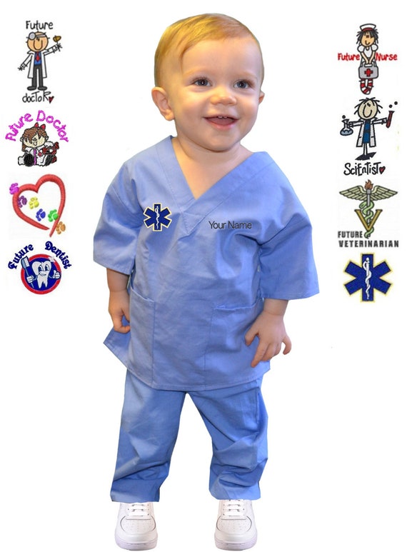 Embroidered Personalized Ceil Blue Toddler Kids Scrubs For Little Doctors And Nurses