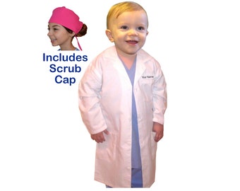 Toddler Lab Coat with Scurb Cap and Personalized Embroidery, Monogrammed Child Doctor Coat with Name