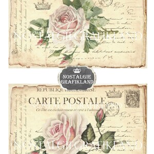 May include: Two vintage postcards with a faded, aged look. Each postcard features a pink rose with green leaves and a handwritten message in French. The top postcard says "Post Card" and the bottom postcard says "Carte Postale".