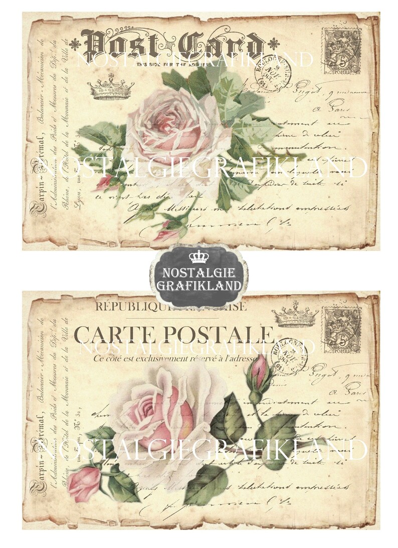 May include: Two vintage postcards with a faded, aged look. Each postcard features a pink rose with green leaves and a handwritten message in French. The top postcard says "Post Card" and the bottom postcard says "Carte Postale".
