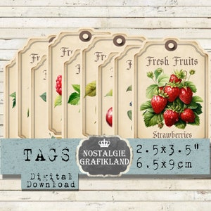 Tag stampabili di frutta Frutta fresca nel diario Fragole Mirtilli Lamponi Download immediato foglio di collage digitale T142