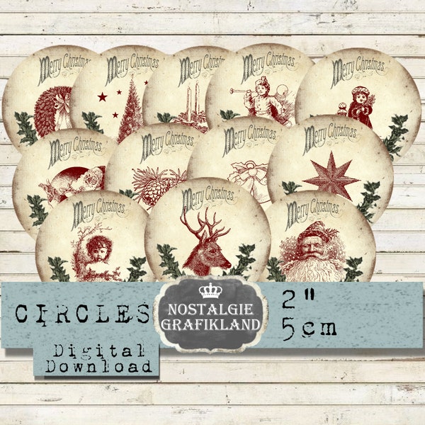 Merry Christmas printable Rustic X-mas Vintage Circles 2 inch Christmas Journaling Journals Instant Download digital collage sheet C256