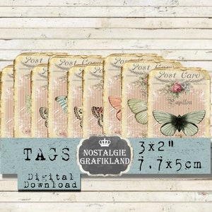Etiquetas de borboletas digitais Shabby Chic Papillon Tags Borboletas para impressão Cartões postais Registro em diário Impressões vintage Baixar colagem digital T122