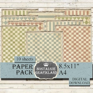 Paquet de papier numérique de fond géométrique damier rayures points losange journalisation en détresse 8.5x11" PP147