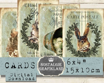 Rabbit Bunny Nest Chicks Happy Easter Vintage afdrukbare 6 x 4 inch prints Rabbits Bunnies Instant Download digitale collageblad D253