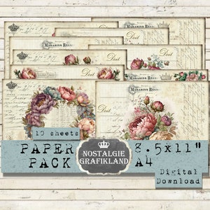 PEONIES printable French landscape Papers horizontal Flowers Scrapbook Journaling Download digital sheets 11x8.5&quot; PPH016