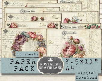 May include: A digital paper pack with 10 sheets of printable paper featuring a floral design with pink, purple, and white flowers. The paper has a vintage look with handwritten text and a grid pattern. The paper is 8.5 inches by 11 inches.