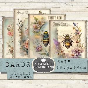 Bienen Vintage Decoupage Karten Insekten 12,5 x 18 cm Instant Download digital collage sheet G106