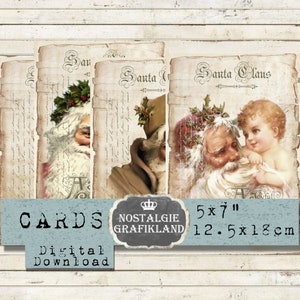 Kerstkaarten van de Kerstman afdrukbare Kerstman X-mas Shabby Chic Vintage Papers afdrukbare 5x7 inch Download digitale collage G038