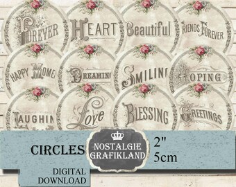 Worte Kreise digital Gefühle 5 cm Instant Download digital collage sheet vintage laugh smile dreaming  C277