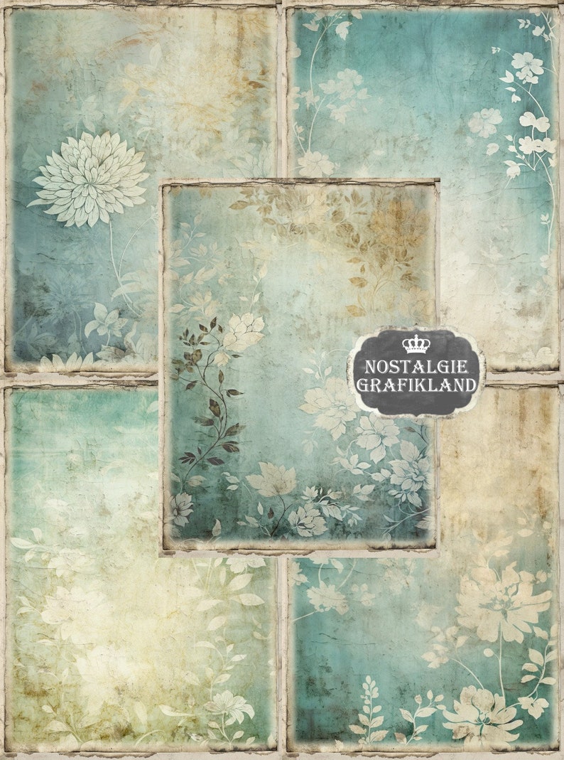 SHABBY FADED Teal Tan digital printable Paper Pack Damask Floral Papers Journaling prints Download 8.5x11 PP091 image 4