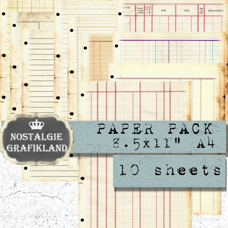Ledger Paper Pack Ephemera Ring Binder Vintage Journal Shabby Digital Download digital collage sheet 8.5 x 11 PP105
