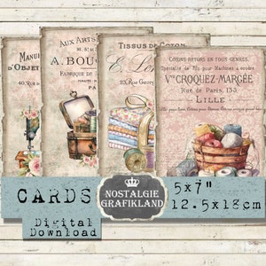 Sewing printable Shabby Chic Sew Pink Stitching Cards Papers Vintage Journaling 5x7 inch Download digital collage G067