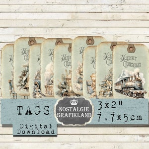 Etiquetas de Natal azuis para impressão Shabby Chic Train Quebra-nozes Livros Papai Noel Diário Impressões Elementos Baixe folha de colagem digital T213