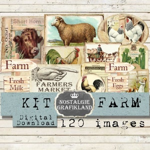 Kit FARM Vintage Junk Journal Kit Gallo Mucca Pecora Verdura Set stampabile Carte Scarica foglio collage digitale KT09