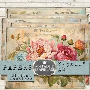 FRENCH PEONIES printable landscape Papers Peony horizontal Scrapbook Journaling Download 11x8.5&quot; PPH5121