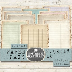 Ledger printable Paper Pack Junk Journals Ephemera Embellishments Scrapbook Vintage Download digital collage sheet 8.5x11&quot; PP149