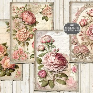 May include: Five vintage-style printable digital papers featuring pink roses and floral designs with a distressed background. The papers have a light beige background with handwritten text and a crown logo that says "Nostalgie Grafikland".