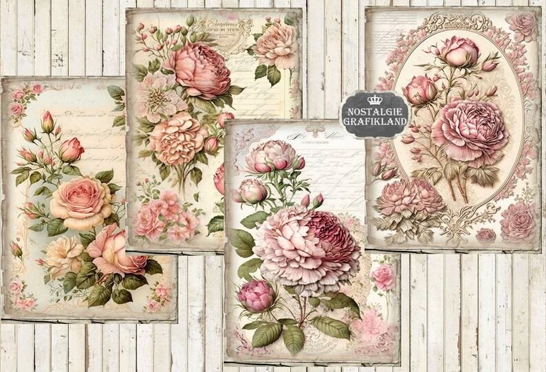 May include: Five vintage-style printable digital papers featuring pink roses and floral designs with a distressed background. The papers have a light beige background with handwritten text and a crown logo that says "Nostalgie Grafikland".