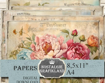 PEONIES FRENCH printable landscape Papers Peony Flowers horizontal Scrapbook Journaling Download 11x8.5" PPH5121