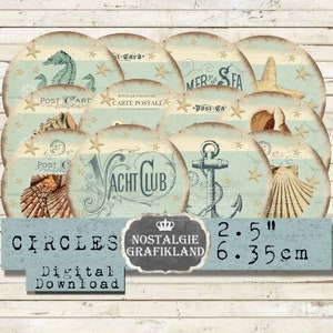 Cercles maritimes nautiques coquillages hippocampe étoiles de mer mer océan plage été imprimable 2,5 pouces Téléchargement instantané feuille de collage numérique C179