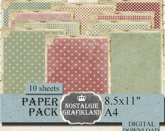 RED GREEN Papers Background digital Paper Pack Christmas Vintage Stripes Dots Stars 8.5x11" PP117