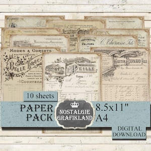 Documentos imprimibles EPHEMERA, recibos, facturas antiguas, cartas, recibos, paquete de papel antiguo de 8,5 x 11 pulgadas, PP177
