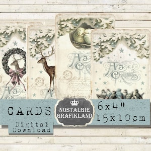 Noël oiseaux hiver oiseau cerf renne imprime imprimable Shabby Chic cartes 6 x 4 pouces Téléchargement instantané feuille de collage numérique D217