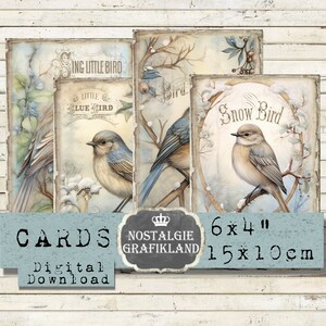 Cartes imprimables Winter Birds Blue Birds Snow Journaling Feuille de collage numérique D129