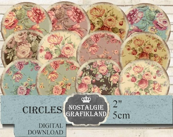 Circles Roses Vintage Rose Background Floral 2" Round Download digital collage sheet C281
