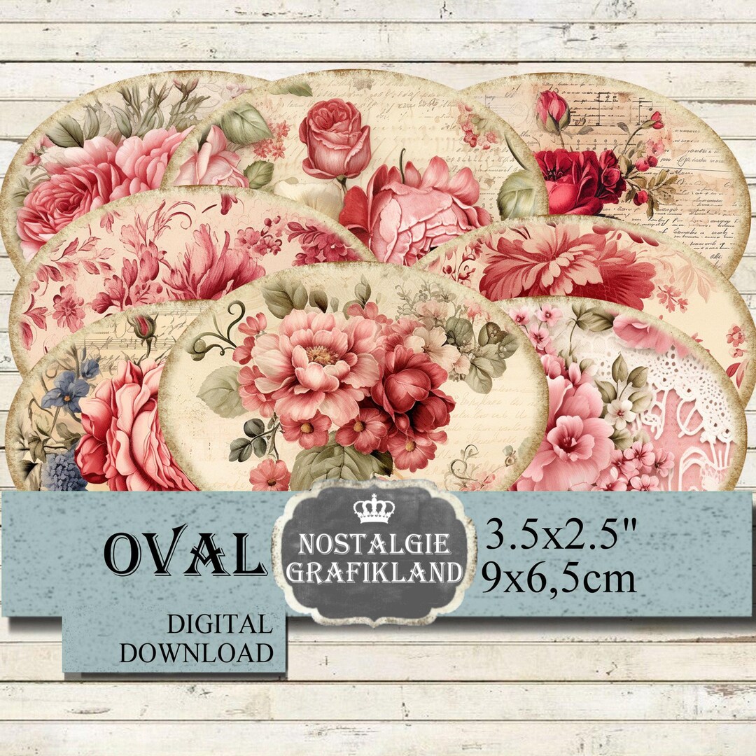 Roses Labels Printable Oval Vintage Flowers Floral Label 3.5x2.5 ...