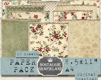 CHRISTMAS Background printable Red Green Paper Pack Vintage Prints X-mas Journaling Download digital collage sheet 8.5 x 11&quot; PP035