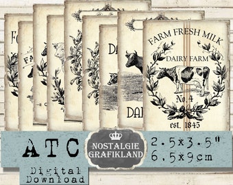 Farm Fresh Milk Cow Animals printable Rustic Country ATC Prints Journaling digital sheet S200