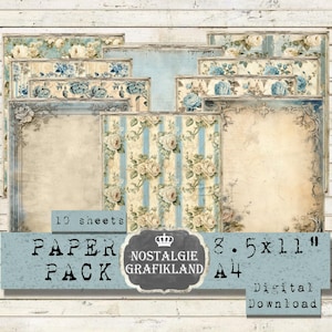 DISTRESSED BLUE FLORAL digital Papers printable Paper Pack Journaling Journal prints Download 8.5x11" PP204
