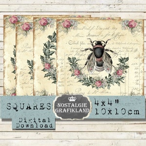 Bee printable Shabby Chic Honey Coaster Beekeeping Squares 4x4 inch Instant Download digital collage sheet TG137