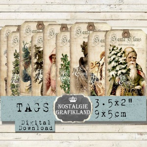 Kersttags Kerstman Vintage kortstondige Kerstman Tags Dagboekafdrukken Elementen zelfafdrukkend Digitaal collageblad downloaden T027