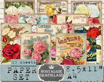 Roses digital Papers Paper Pack Flowers Seeds Journal Vintage Advertising Large Digital Download PPS020