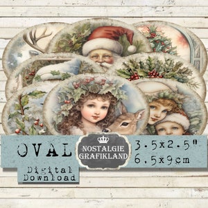 Weihnachten Oval Shabby Chic religiöse Etiketten drucken Labels Ovale 9 x 6,5 cm Download digital collage sheet O090