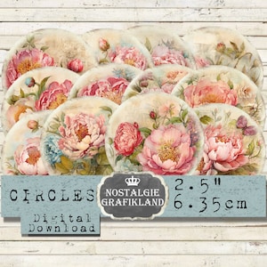 Peonies Circles Journaling Flowers Botanical Floral Shabby Chic Journaling  2.5 inch Download digital collage sheet C181
