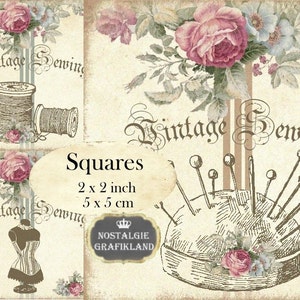 Shabby Chic Sewing Needlework 2x2 inch squares Instant Download digital collage sheet TW101