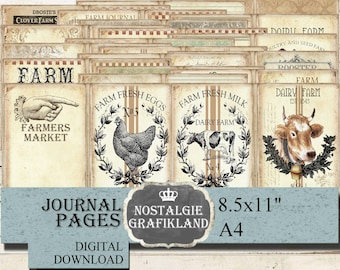 FARM Journal Pages Cow Rooster Fresh Milk & Eggs Farmhouse Farming Ephemera printable Download JPA081
