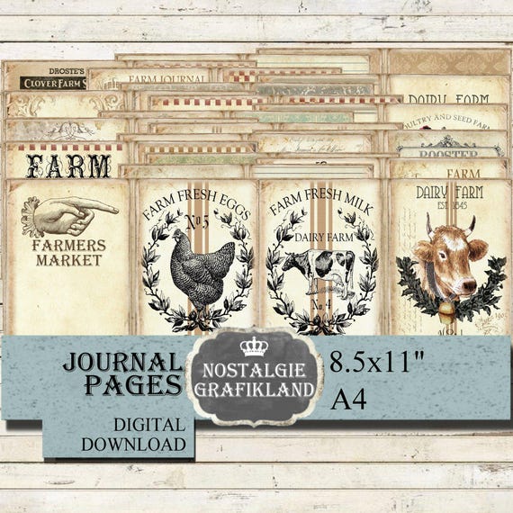 FARM Journal Pages Cow Rooster Fresh Milk & Eggs Farmhouse Farming Ephemera printable Download JPA081