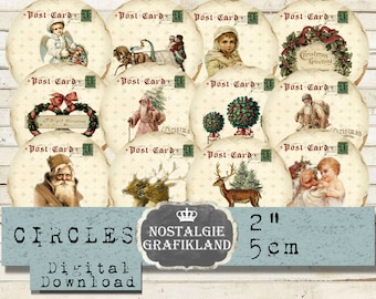 Christmas printables Santa Claus Reindeer Deer Journaling Circles digital 2 inch Vintage Instant Download digital collage sheet C099