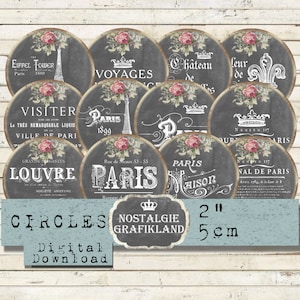 Tableau Français Paris Journaling 2 pouces Cercles numérique Tour Eiffel Téléchargement instantané feuille de collage C186