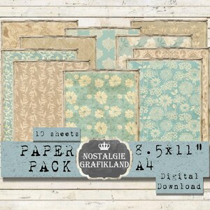 FLORAL Vintage printable Background Flowers Damask Turquoise Mint Paper Pack Scrapbooking Download digital collage sheet 8.5x11&quot; PP195