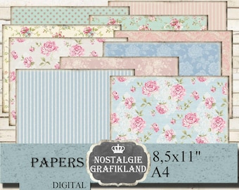 SHABBY CHIC Roses printable landscape Paper Pack Pack horizontal Scrapbook Journaling Download 11x8.5" PPH003