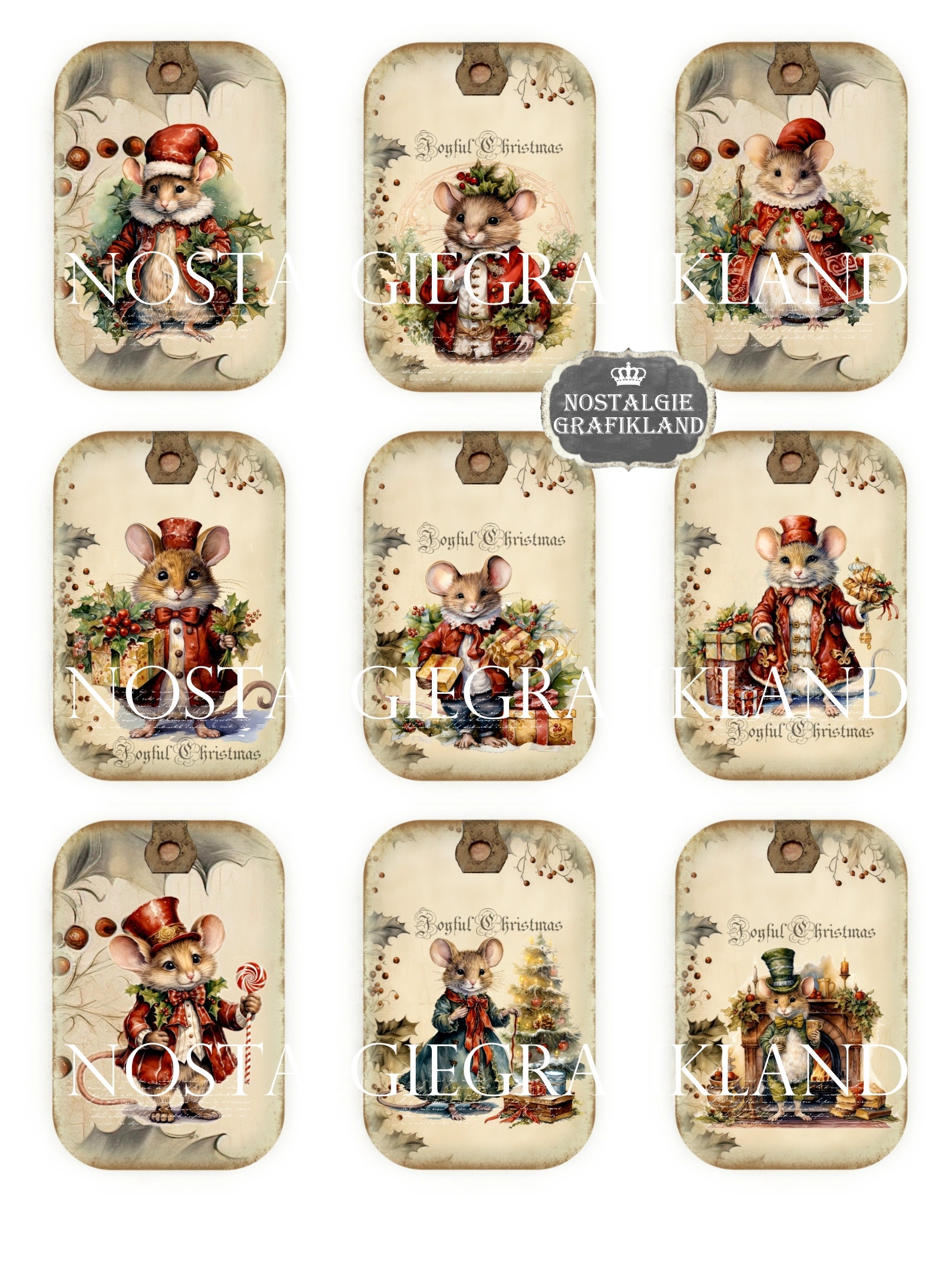 Christmas Mouse Tags Mice Animals X-mas Vintage Elements Add on ...