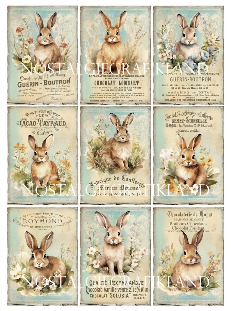 May include: A collage of nine vintage advertisements featuring illustrations of bunnies and text about chocolate and confectionery. The advertisements are in French and feature a light blue background with floral accents.