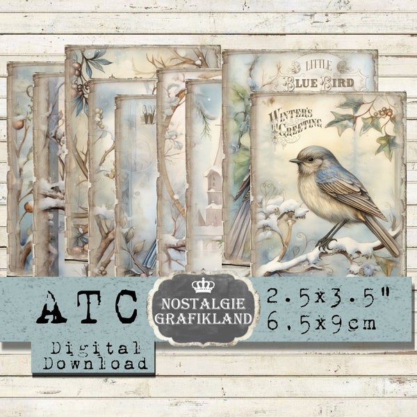 Winter Birds printable ATC Blue Birds Snow Greetings Journaling Scrapbooking Cards Download digital collage S058